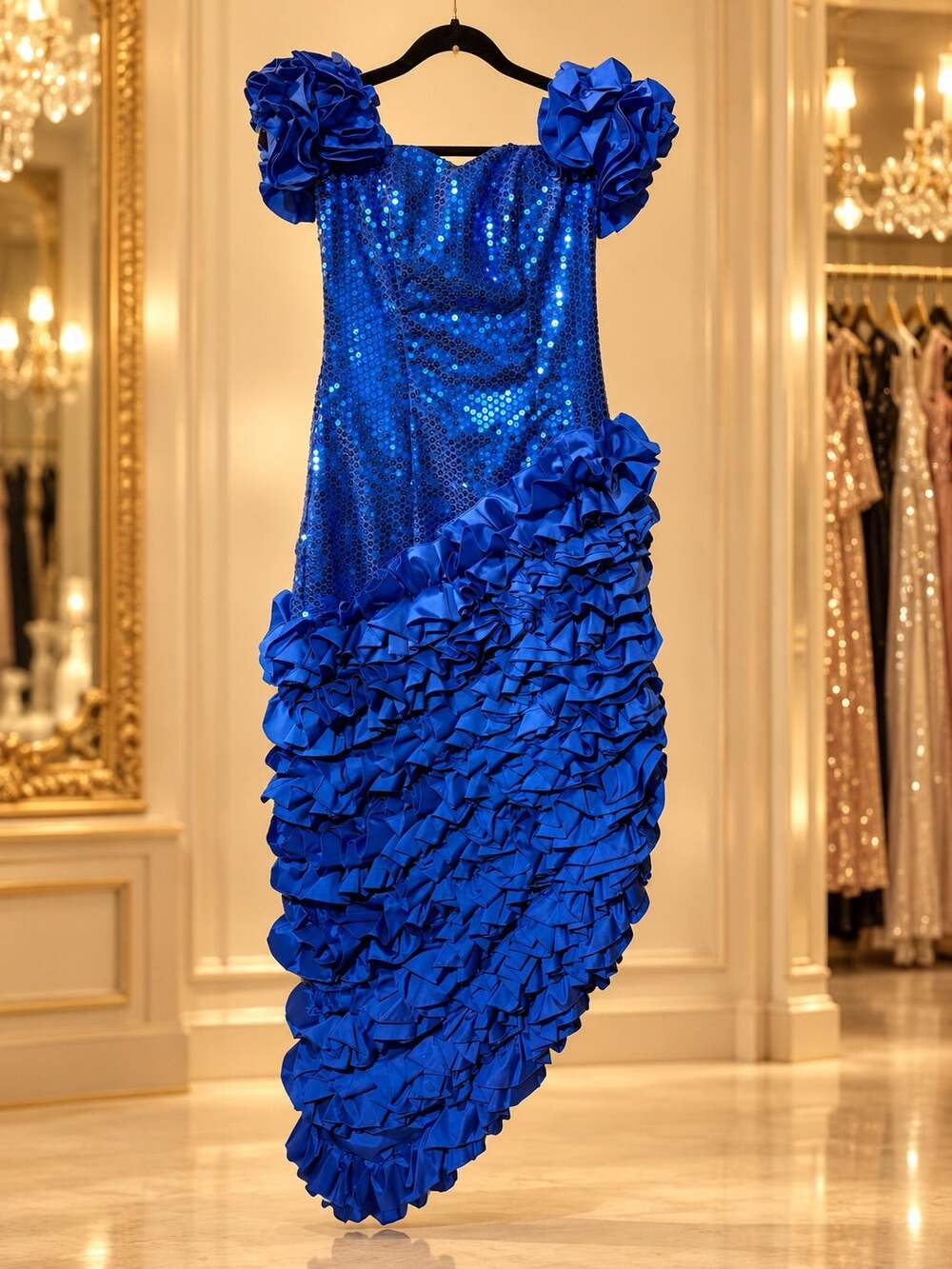 Vintage Alyce Designs 80s Royal Blue Sequin Ruffle Prom Formal Gown Dress Size 8